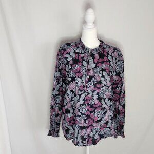 LOFT Leafed Smocked Button Blouse- Size Large